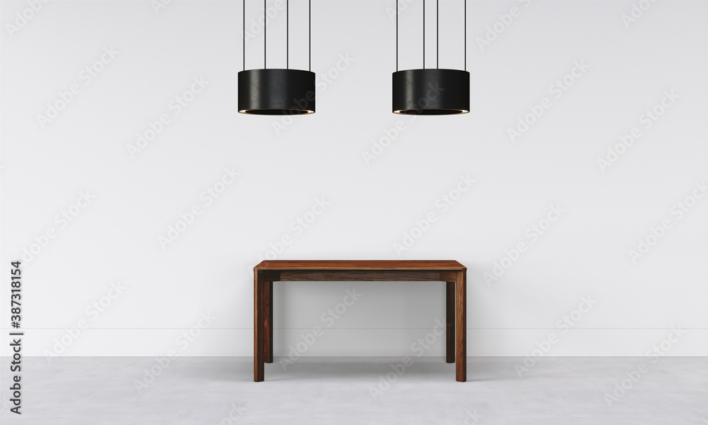 Fototapeta premium Modern workspace with desk and lamp in minimalistic interior
