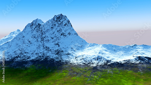 schneebedeckter Berg mit einer grünen Wiese im Vordergrund, 3D Rendering, blauer, wolkenloser Himmel, Naturlandschaft