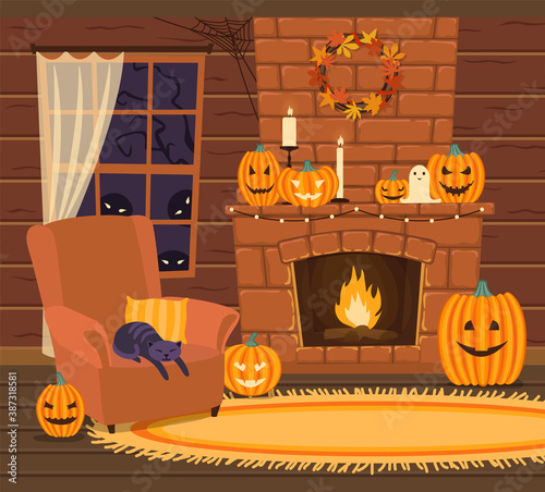 The interior of the hut is decorated for Halloween. Window, fireplace, and chair. Cartoon style. Vector illustration.
