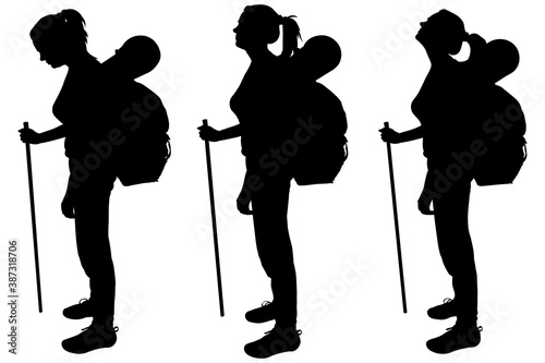 Girl with a backpack behind back and a walking stick. Woman tourist stands still and looks down, forward, up. Hiking. Side view, profile. Three black female silhouettes isolated on white background.