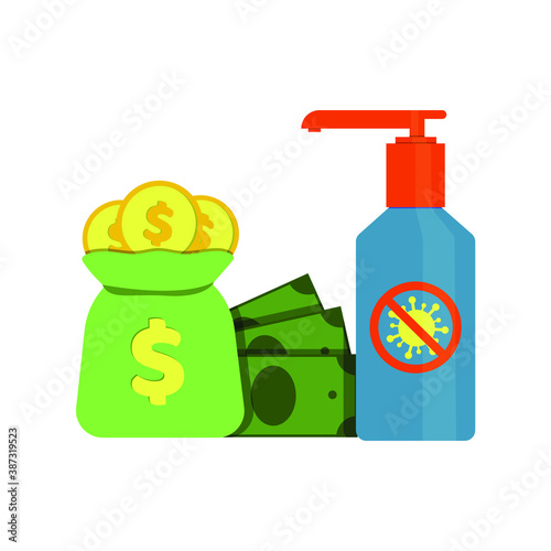 Antiseptic with a dispenser and money, coins, bills, dollars. Concept: antibacterial treatment of money during the coronavirus pandemic. Vector illustration, flat cartoon design, isolated.