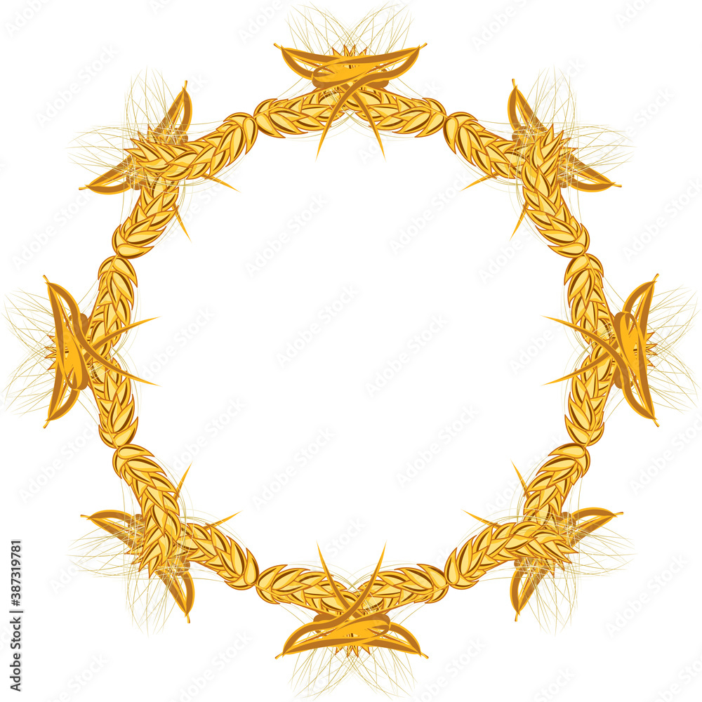 a stalk with an ear of wheat on a white background isolated. pattern of spikelets that make up the pattern of a circle, wreath, or emblem. A series of spikelet shapes. a stalk with an ear of wheat on a white background isolated. pattern of spikelets that make up the pattern of a circle, wreath, or emblem. A series of spikelet shapes.