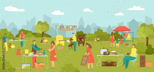 Garage sale, street market with clothes vector illustration. Flat man woman character buy cartoon vintage clothes, flea market design. Colorful fashion female retail selling outdoor.