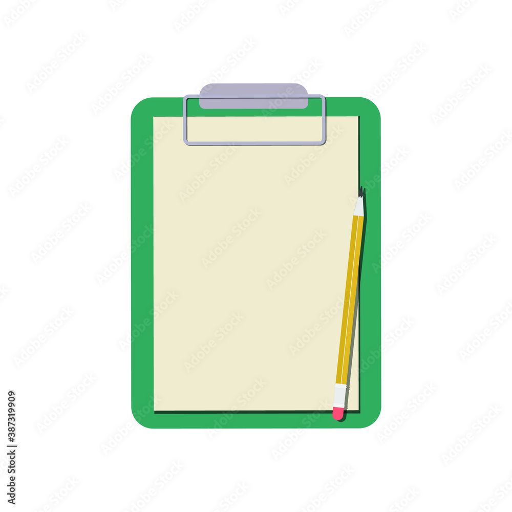 A plastic clipboard folder with a blank sheet of white paper and a simple pencil attached to it. Vector illustration, flat cartoon color minimal design isolated on white background, eps 10. A plastic clipboard folder with a blank sheet of white paper and a simple pencil attached to it. Vector illustration, flat cartoon color minimal design isolated on white background, eps 10.