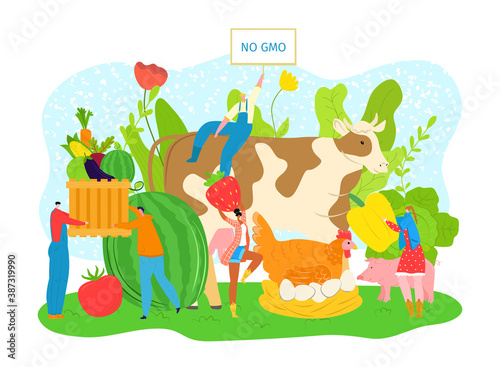 Food fruit vegetable agriculture market, flat farm non gmo product, vector illustration. Man woman character with healthy organic plant food. Cartoon vegetarian and rural green banner.