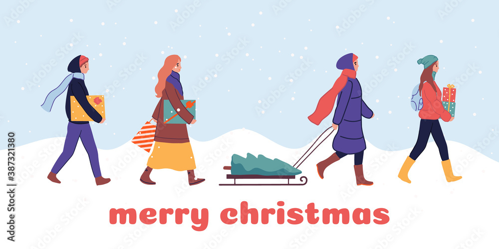 Big Christmas sale, Happy New Year market, people shopping, buying gifts. Crowd in warm clothes walking and carrying present boxes. Cartoon winter poster, banner, greeting card set. Outdoor activities