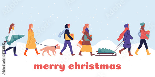 Big Christmas sale, Happy New Year market, people shopping, buying gifts. Crowd in warm clothes walking and carrying present boxes. Cartoon winter poster, banner, greeting card set. Outdoor activities