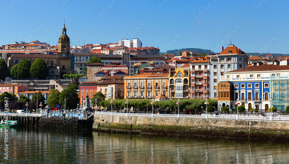 Panoramic view of embankment in Portugalete city from Estuary of Bilbao, Spain