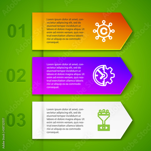 Set line Copywriting network, Clock and gear, Lead management and Voice assistant. Business infographic template. Vector.