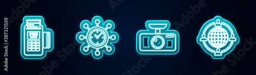 Set line POS terminal, Clock and gear, Car DVR and Outsourcing concept. Glowing neon icon. Vector.