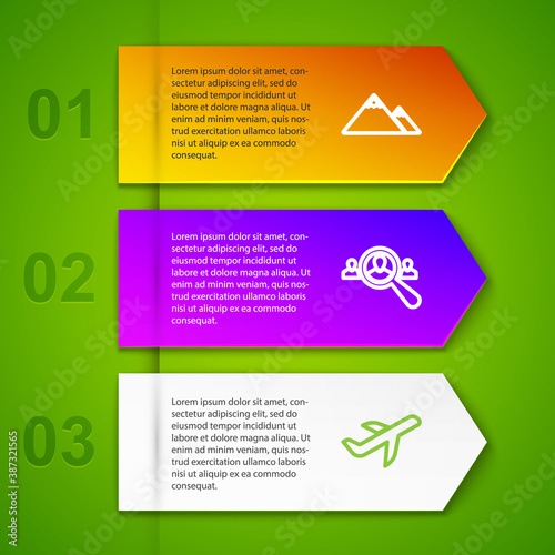 Set line Mountains, Magnifying glass for search people, Plane and Scientist and test tube. Business infographic template. Vector.