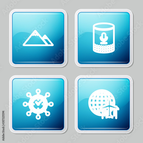 Set line Mountains, Voice assistant, Clock and gear and Globe with flying plane icon. Vector.