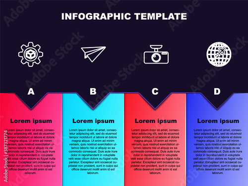 Set line Product development, Paper plane, Car DVR and Globe with flying. Business infographic template. Vector.