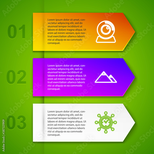 Set line Web camera, Mountains, Clock and gear and Lead management. Business infographic template. Vector.
