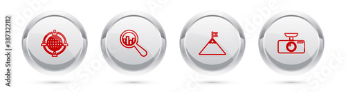 Set line Outsourcing concept, Magnifying glass and analysis, Mountains flag and Car DVR. Silver circle button. Vector.