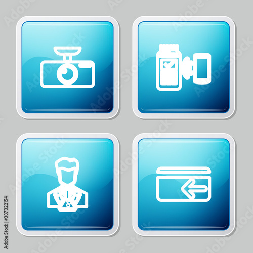 Set line Car DVR, POS terminal, Scientist and test tube and Cash back icon. Vector.