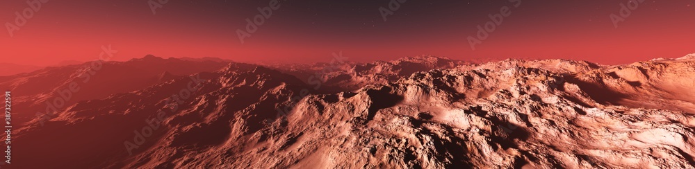 Mars panorama, surface of Mars, Martian landscape, 3D rendering