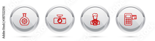 Set line Bioengineering, Car DVR, Scientist and test tube and Pos terminal. Silver circle button. Vector.