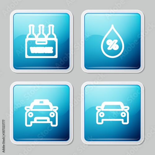 Set line Bottles of wine in box, Water drop percentage, Police car and flasher and Car icon. Vector.
