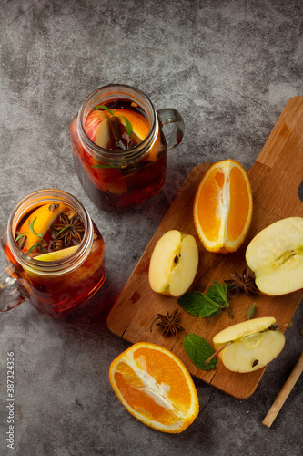 mulled wine from red wine and ingredients for its preparation.