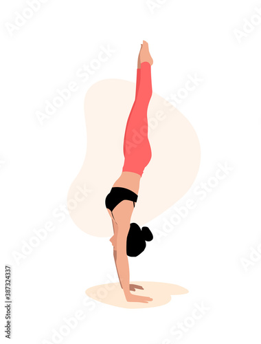 Woman in handstand Isolated. Girl yoga asana Vector. flat and hand drawn style. stock illustration.