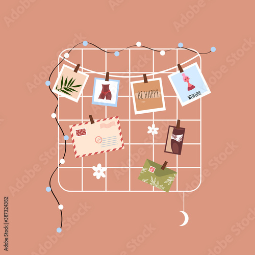 Lattice Board for photos and notes. Mood Board: with photos, postcards. Workplace. Contemporary Scandinavian style workspace. Stylish interior.Vector stock illustration.