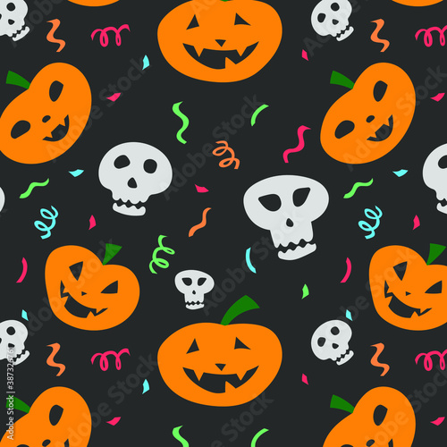 Pattern with doodle pumpkins, skull and confetti for web design, textile and wrapping. Vector background. Hand-drawn