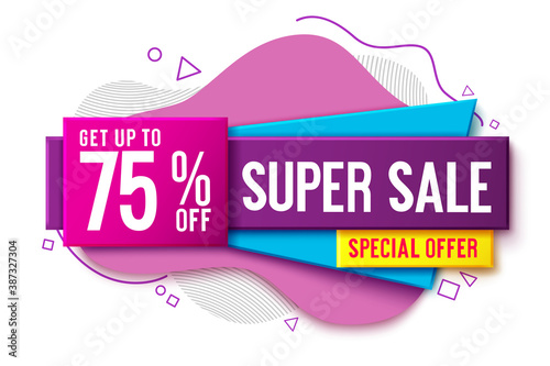 Super sale vector banner concept design. Super sale 75% off special offer in abstract label for shopping discount and marketing advertisement promotion. Vector illustration. 
