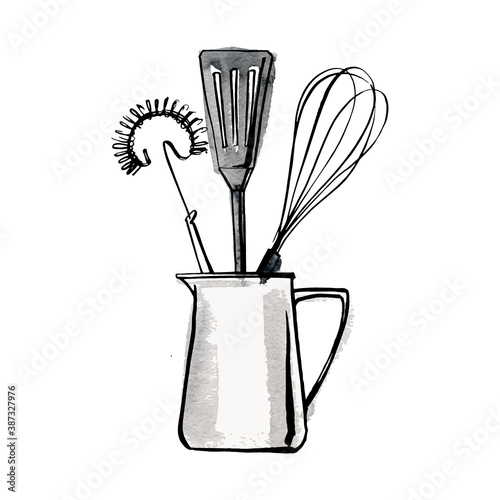 Kitchen tools. Whisk, spoon, spatula. Vector sketch of food in ink on a white background.