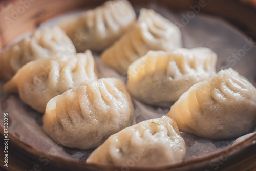 Close up fresh vegan steam dumplings 