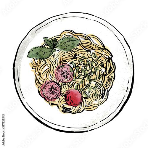 Spaghetti. Pasta painted watercolor on a white background. Ink sketch of food. Italian food.