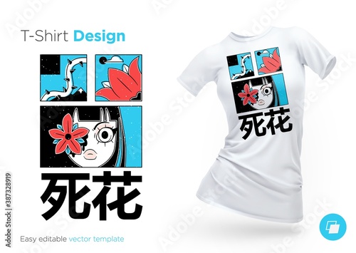 Illustrations in traditional asian style for T-shirts, sweatshirts, cases for mobile phones, souvenirs. Isolated vector illustration on white background. Hieroglyphs translation: "dead flower"