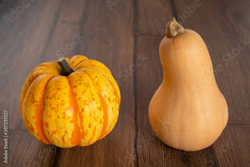 Colored beautiful pumpkin lies on a wooden background