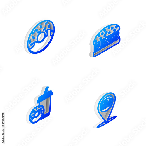 Set Isometric line Burger, Donut, Soda drink with donut and Location burger icon. Vector.