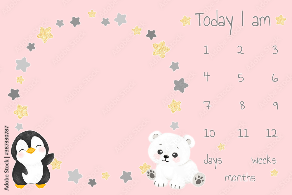 design for baby blanket milestone, stars and cute little animals, baby animals, bear, penguin design for baby blanket milestone, stars and cute little animals, baby animals, bear, penguin
