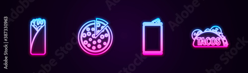 Set line Burrito, Pizza, Aluminum can and Taco with tortilla. Glowing neon icon. Vector.