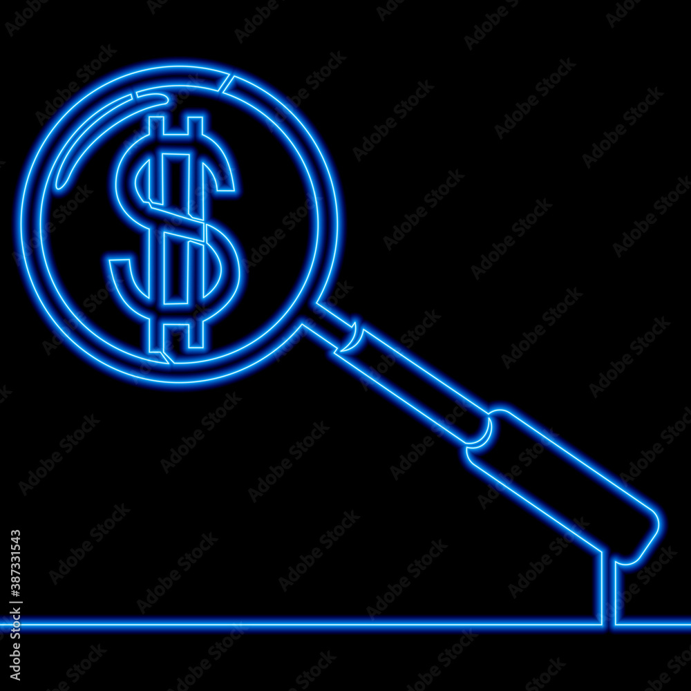 Continuous line drawing magnifier with dollar neon Continuous line drawing magnifier with dollar neon