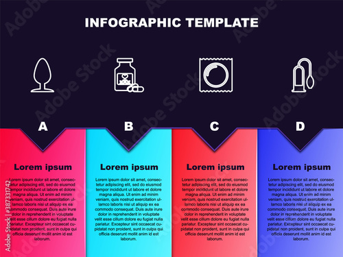 Set line Anal plug, Bottle with pills for potency, Condom in package and Penis pump. Business infographic template. Vector.