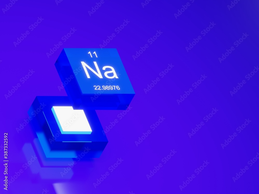 Sodium symbol element from the periodic table blue glass cube orthographic view Sodium symbol element from the periodic table blue glass cube orthographic view