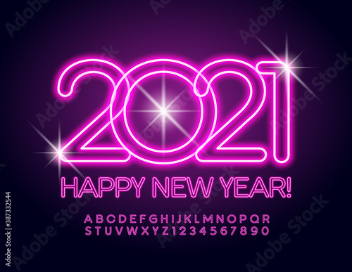 Vector bright greeting card Happy New Year 2021! Pink electric Font. Neon glowing Alphabet Letters and Numbers set