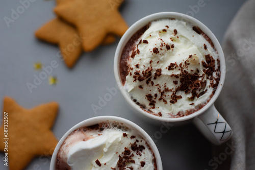Cup of Hot chocolate with whipped cream. Gingerbread. Still life. Copy space. Winter drinks.