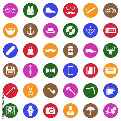 Hipster Icons. White Flat Design In Circle. Vector Illustration.