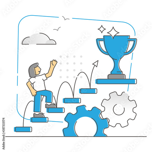 Success ladder climbing step by step to target goal monocolor outline concept
