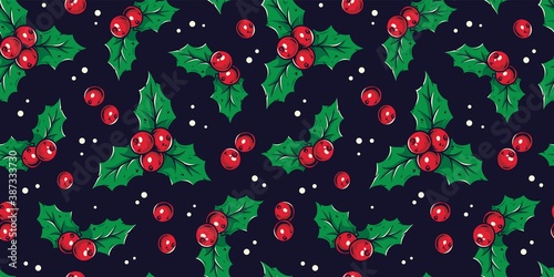 Colored seamless pattern wallpaper with decorative christmas holly for the new year holiday. Winter vector illustration for december party design