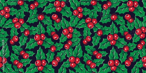 Colored seamless pattern wallpaper with decorative christmas holly for the new year holiday. Winter vector illustration for december party design