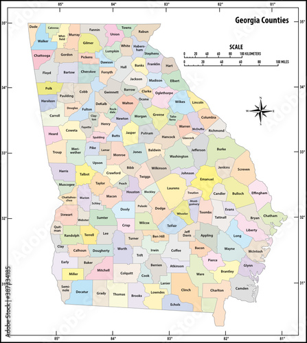 Georgia state outline administrative and political vector map in color