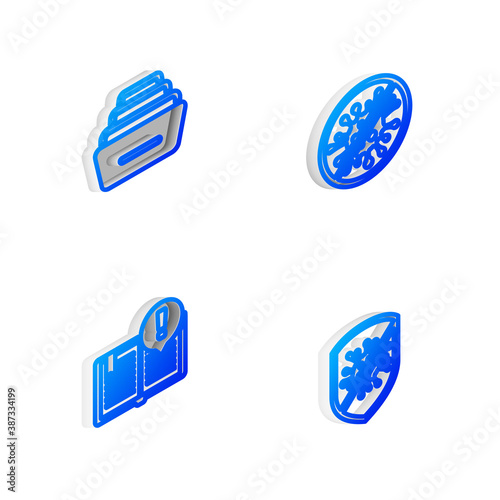 Set Isometric line Stop virus, bacteria, Drawer with documents, Interesting facts and icon. Vector.