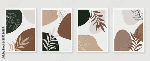 Botanical wall art vector set. Earth tone boho foliage line art drawing with  abstract shape.  Abstract Plant Art design for print, cover, wallpaper, Minimal and  natural wall art.