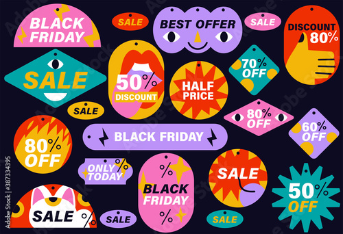 Vector set of sale discount black friday stickers, labels, badges or tags. Modern and colorful promotion marketing.