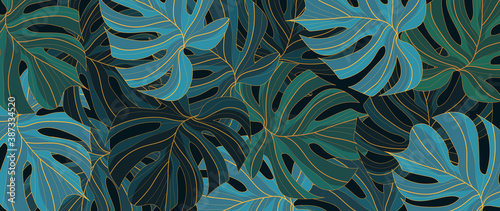 Tropical leaf Wallpaper, Luxury nature leaves pattern design, Golden banana leaf line arts, Hand drawn outline design for fabric , print, cover, banner and invitation, Vector illustration..